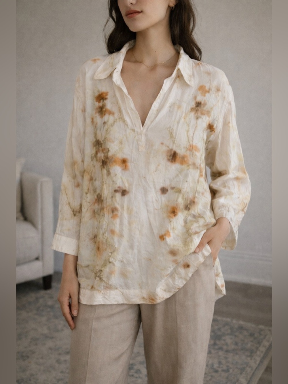 Rare Eileen Fisher Cream Italian Linen Eco Print Collared Tunic Earthenware L